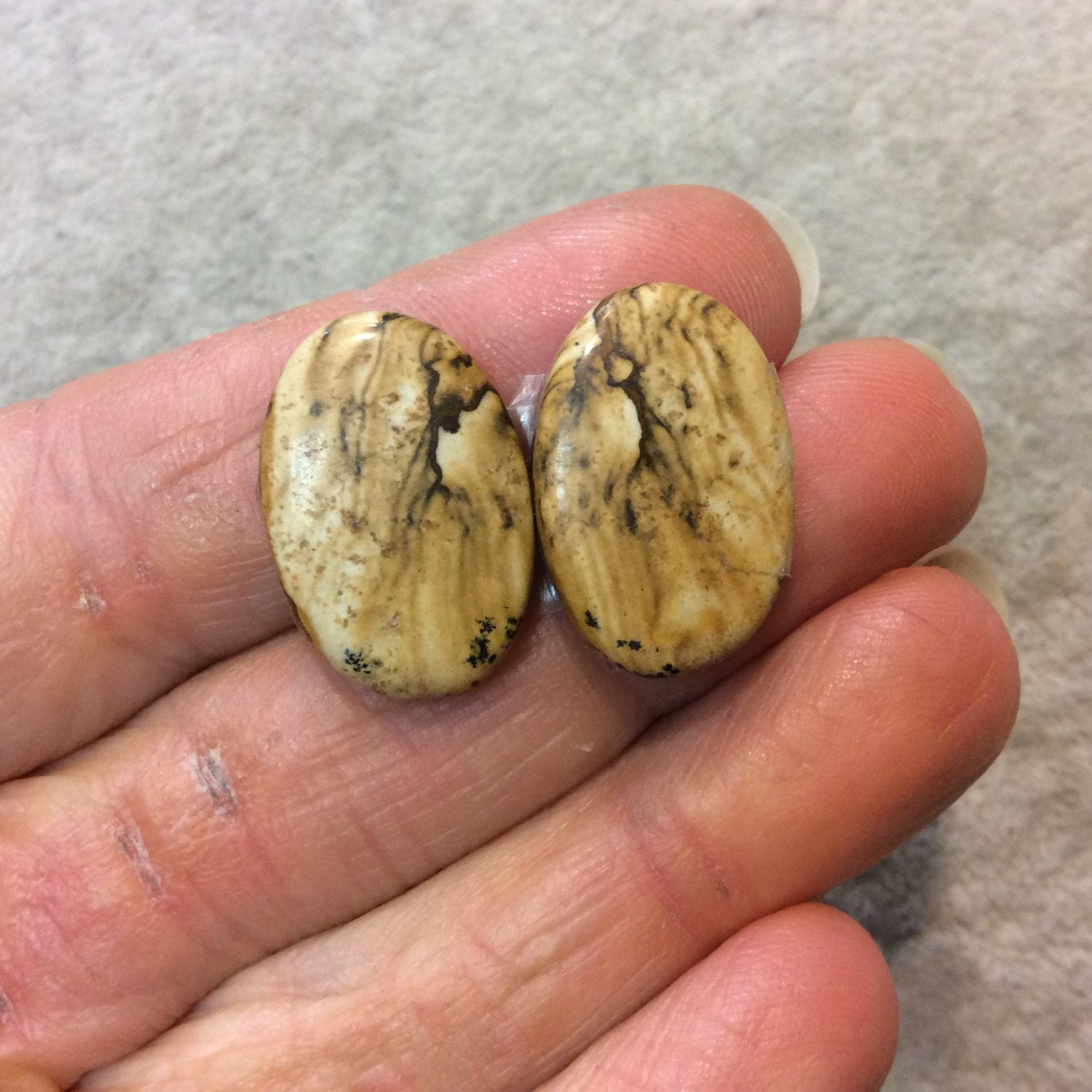 OOAK Matching Pair of Natural Picture Jasper Oval Shaped Flat Back Cabochons - Measuring 15mm x 23mm, 5mm Dome Height - Quality Gemstone