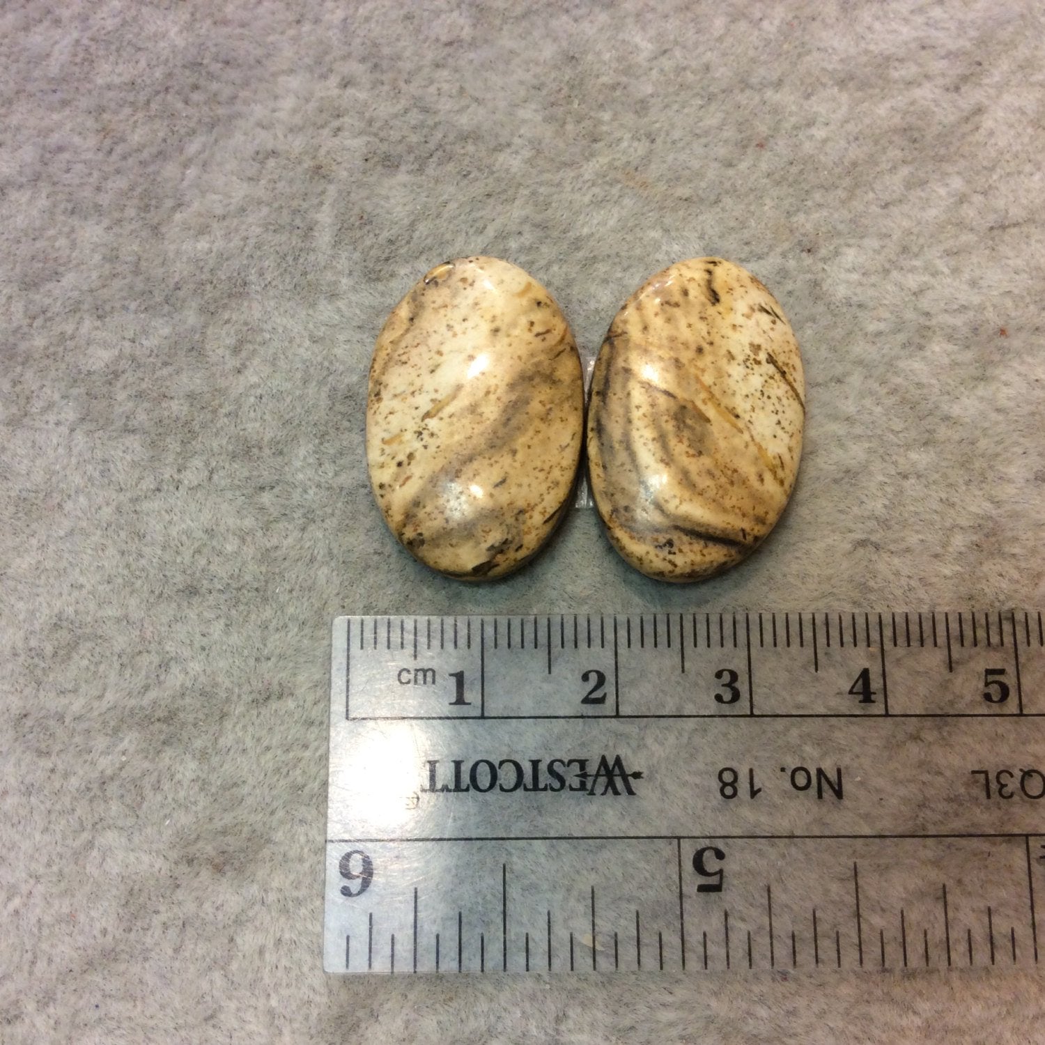 OOAK Matching Pair of Natural Picture Jasper Oval Shaped Flat Back Cabochons - Measuring 17mm x 26mm, 5mm Dome Height - Quality Gemstone