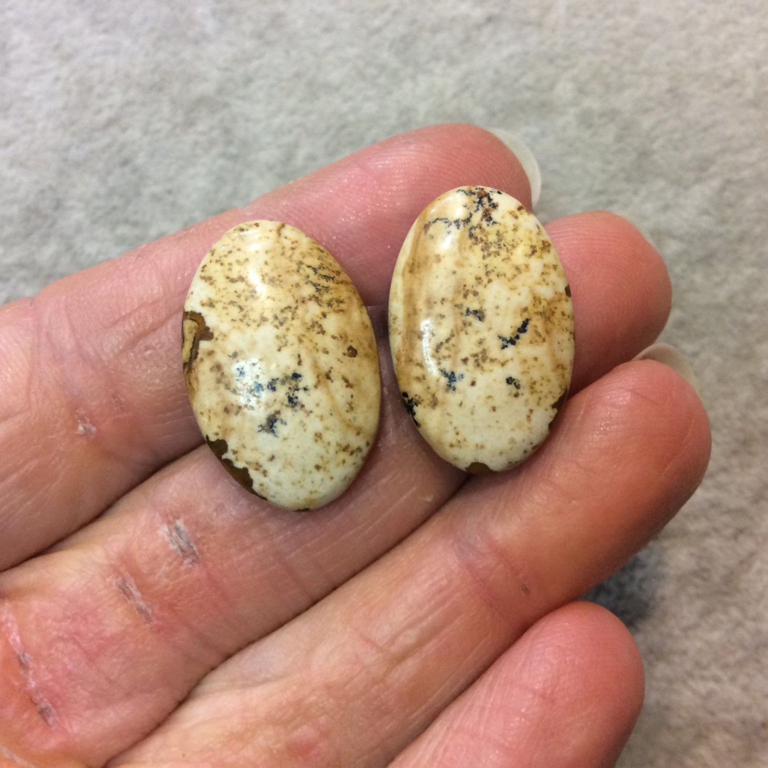 OOAK Matching Pair of Natural Picture Jasper Oval Shaped Flat Back Cabochons - Measuring 16mm x 25mm, 5mm Dome Height - Quality Gemstone