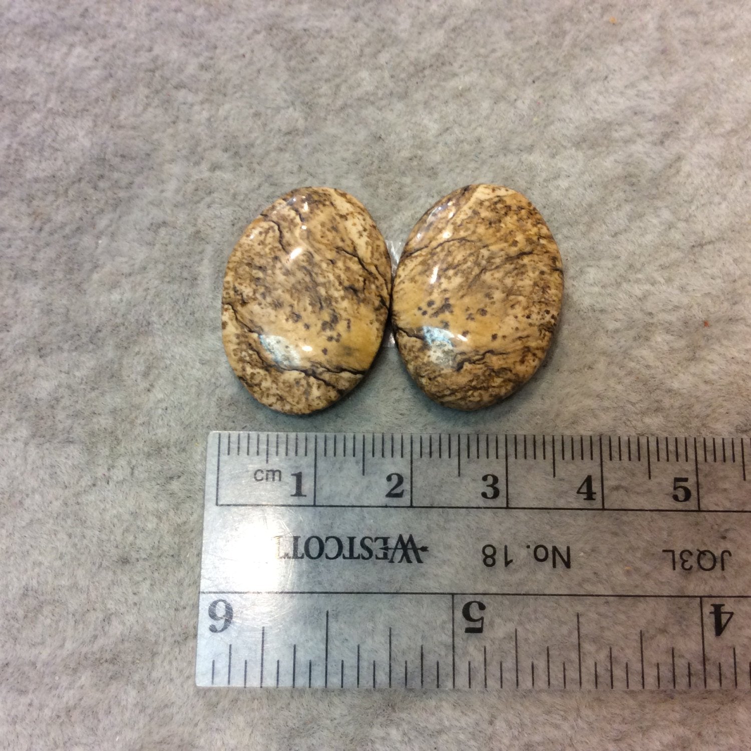 OOAK Matching Pair of Natural Picture Jasper Oval Shaped Flat Back Cabochons - Measuring 18mm x 25mm, 5mm Dome Height - Quality Gemstone
