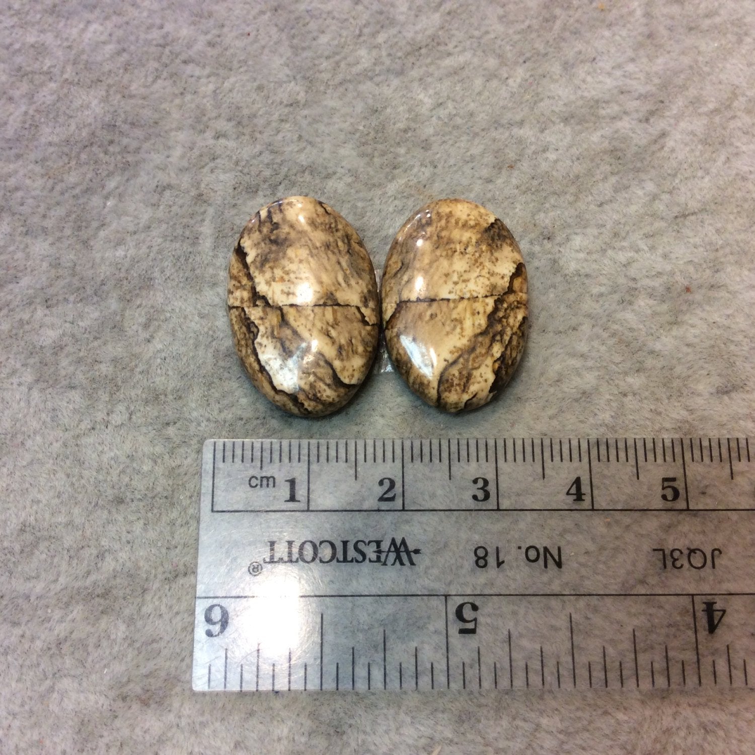 OOAK Matching Pair of Natural Picture Jasper Oval Shaped Flat Back Cabochons - Measuring 17mm x 25mm, 5.5mm Dome Height - Quality Gemstone