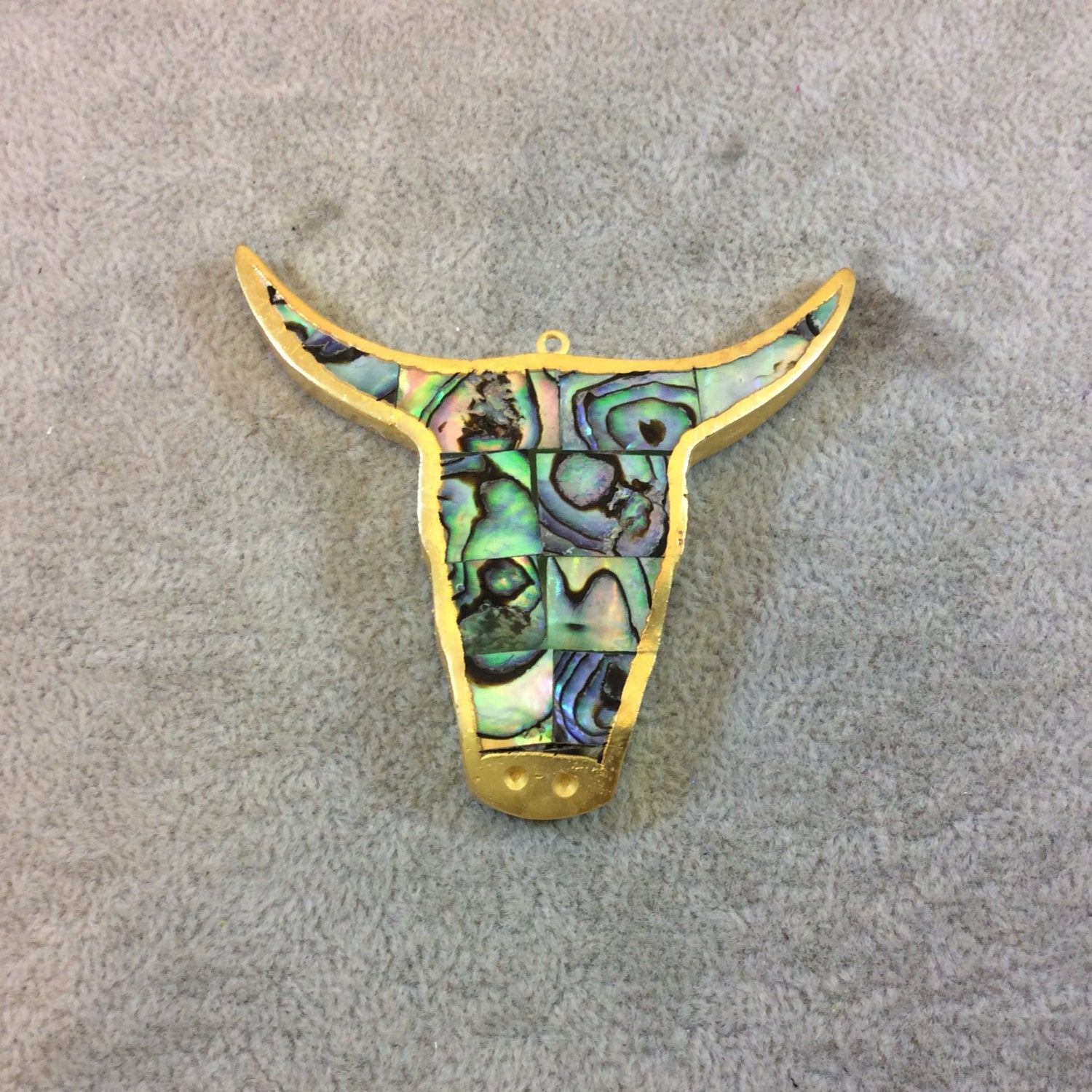 Flat Gold Electroplated Natural Rainbow Abalone Steer Skull Shaped Focal Pendant - Measuring 70mm x 63mm, Approximately - Sold Individually