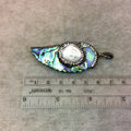 3" Pave Rhinestone Encrusted Leaf Shaped Abalone Pendant with White/Gray Rhinestones and Pearl Inlay - Measuring 25mm x 79mm, Approx.