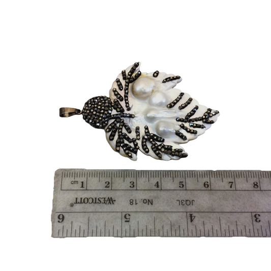 1.75" Pave Rhinestone Encrusted Veined Leaf Shaped Abalone Pendant with Gray Rhinestones and Gunmetal Bail - Measuring 45mm x 48mm, Approx.