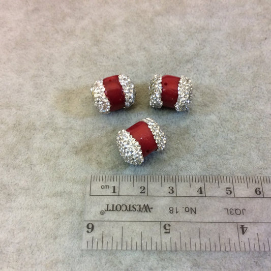 Single Rhinestone Encrusted Cylinder/Barrel Shaped Dyed Red Coral Bead - Measuring 15mm Long, Approx - Sold Individually, Selected Randomly
