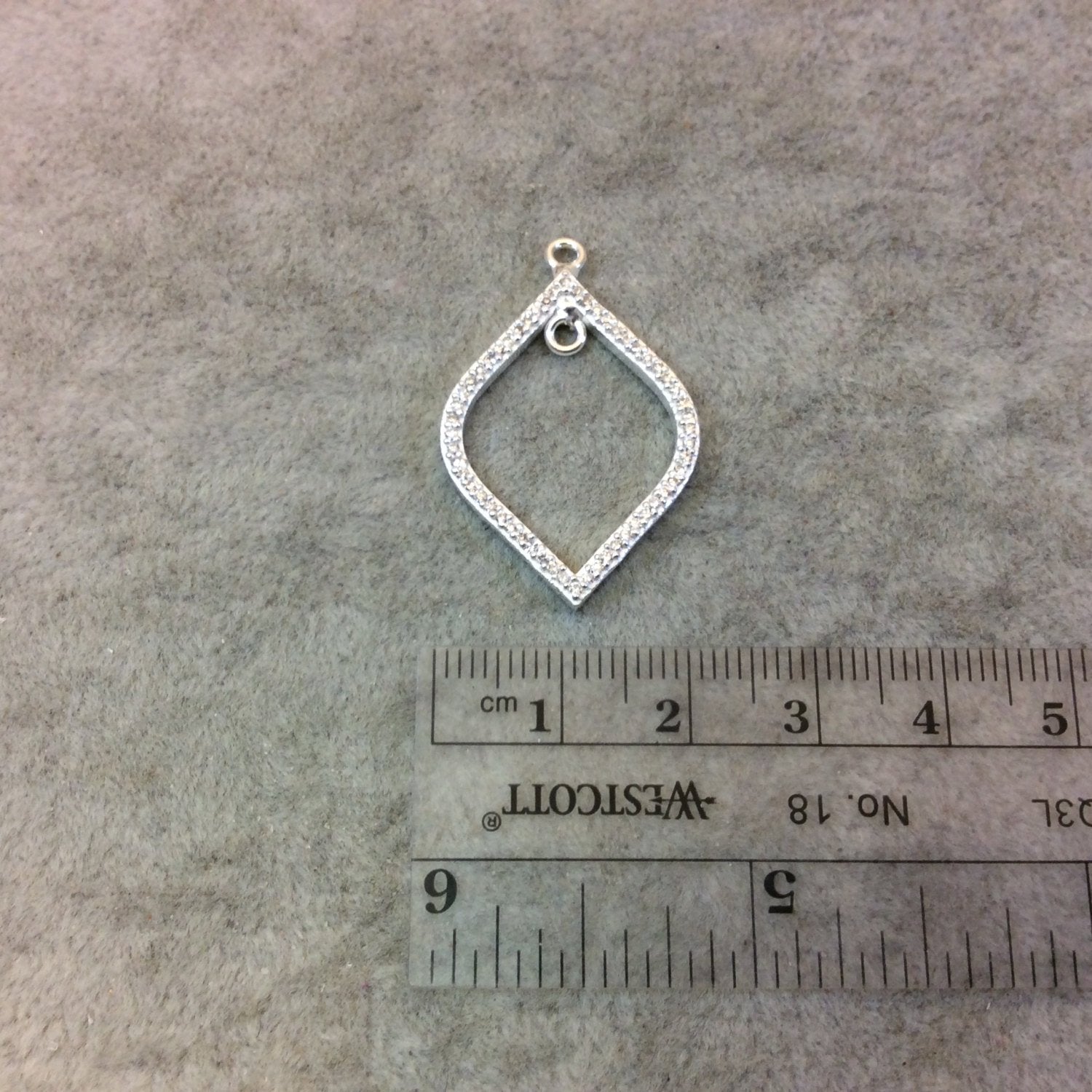 Medium Bright Silver Plated CZ Cubic Zirconia Inlaid Fat Open Marquise Shaped Copper Focal Pendant - Measuring 21mm x 29mm, Approximately
