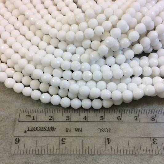 6mm Faceted Dyed Opaque White Natural Jade Round/Ball Shaped Beads with 1mm Beading Holes - Sold by 14.5" Strands (Approximately 60 Beads)