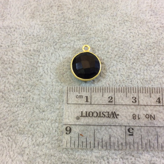Gold Plated Faceted Hydro (Lab Created) Jet Black Onyx Round/Coin Shaped Bezel Pendant - Measuring 12mm x 12mm - Sold Individually
