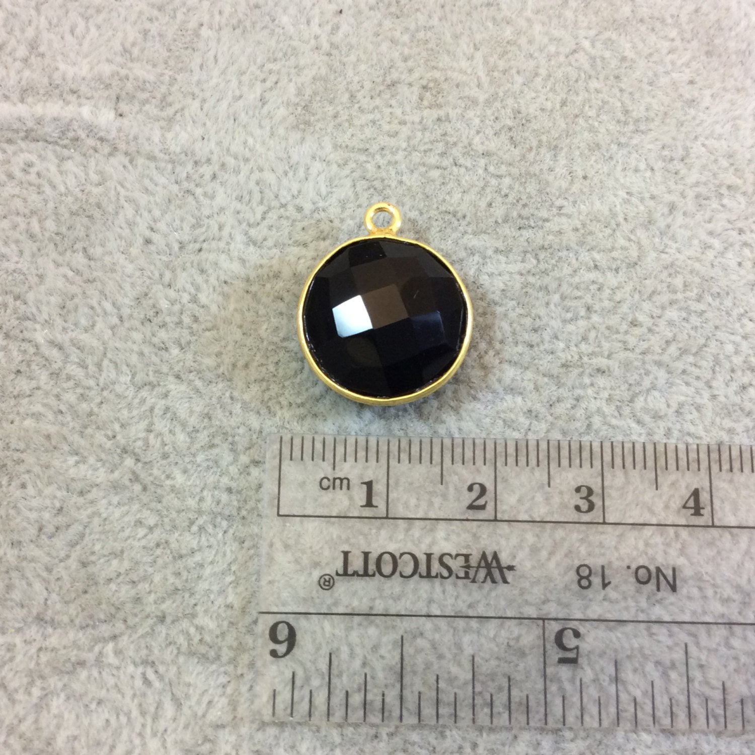 Gold Plated Faceted Hydro (Lab Created) Jet Black Onyx Round/Coin Shaped Bezel Pendant - Measuring 15mm x 15mm - Sold Individually