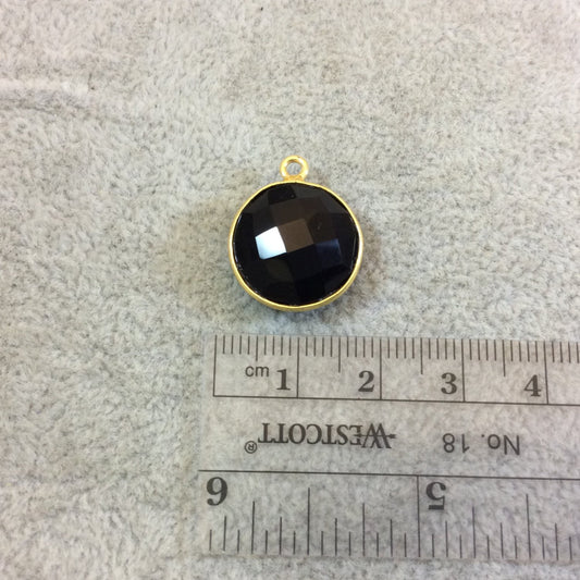 Gold Plated Faceted Hydro (Lab Created) Jet Black Onyx Round/Coin Shaped Bezel Pendant - Measuring 15mm x 15mm - Sold Individually