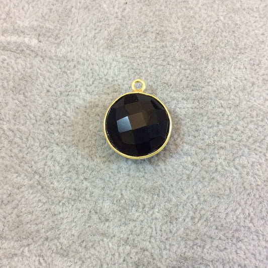 Gold Plated Faceted Hydro (Lab Created) Jet Black Onyx Round/Coin Shaped Bezel Pendant - Measuring 15mm x 15mm - Sold Individually