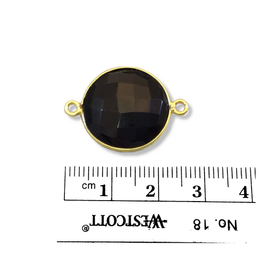 Gold Plated Faceted Hydro (Lab Created) Jet Black Onyx Round/Coin Shaped Bezel Connector - Measuring 18mm x 18mm - Sold Individually