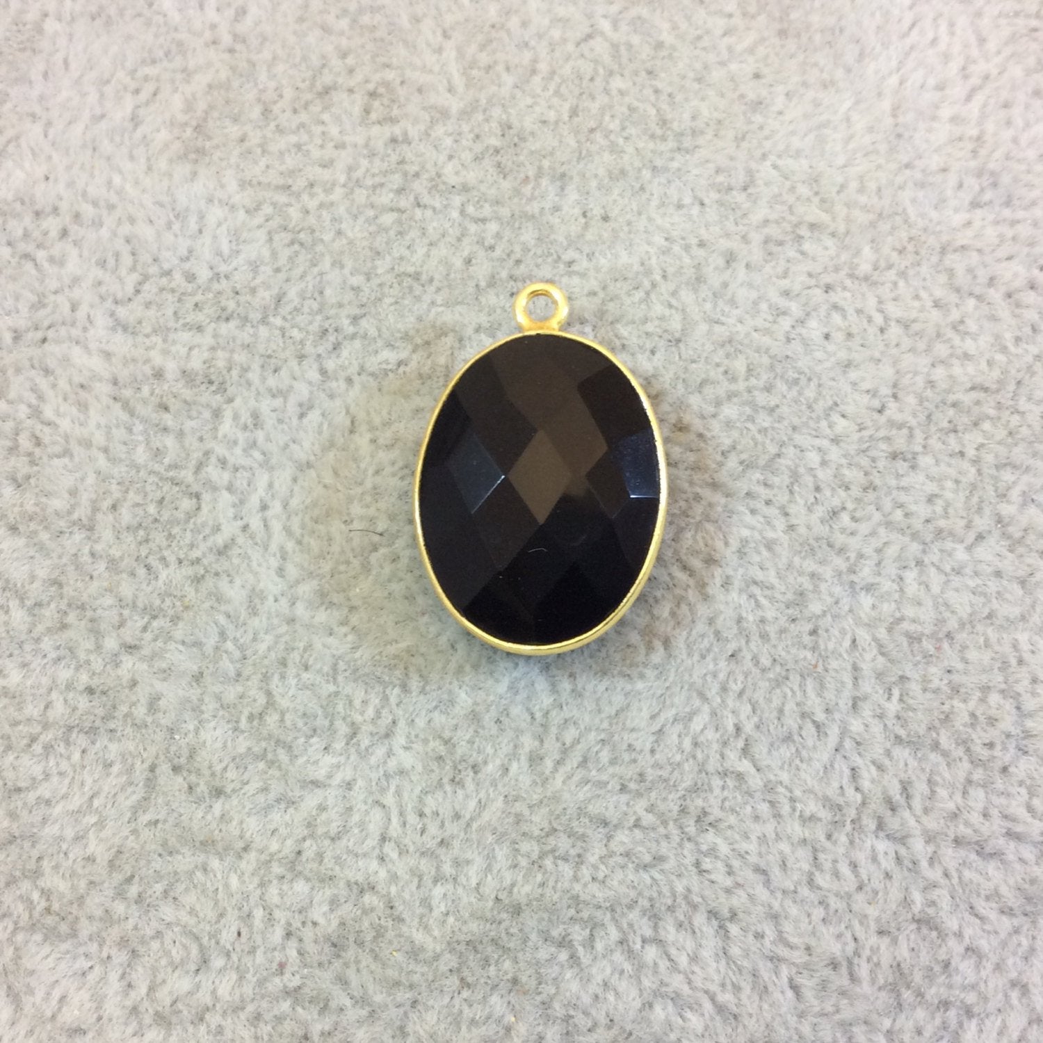 Gold Plated Faceted Hydro (Lab Created) Jet Black Onyx Oblong Oval Shaped Bezel Pendant - Measuring 15mm x 20mm - Sold Individually