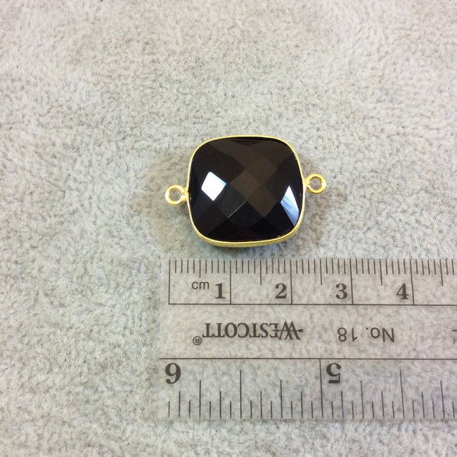 Gold Plated Faceted Hydro (Lab Created) Jet Black Onyx Square Shaped Bezel Connector - Measuring 18mm x 18mm - Sold Individually