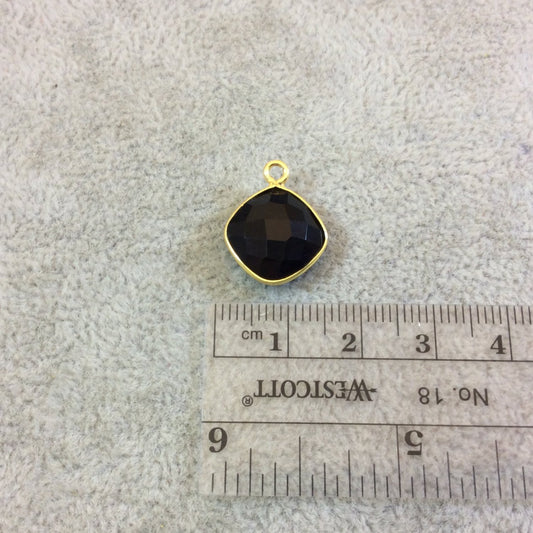 Gold Plated Faceted Hydro (Lab Created) Jet Black Onyx Diamond Shaped Bezel Pendant - Measuring 12mm x 12mm - Sold Individually