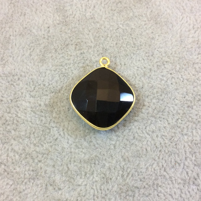 Gold Plated Faceted Hydro (Lab Created) Jet Black Onyx Diamond Shaped Bezel Pendant - Measuring 18mm x 18mm - Sold Individually