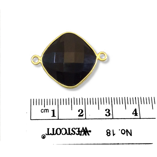 Gold Plated Faceted Hydro (Lab Created) Jet Black Onyx Diamond Shaped Bezel Connector - Measuring 18mm x 18mm - Sold Individually
