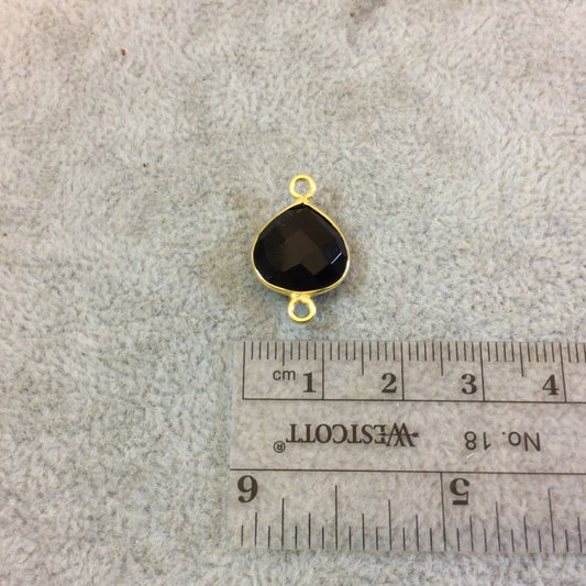 Gold Plated Faceted Hydro (Lab Created) Jet Black Onyx Heart/Teardrop Shaped Bezel Connector - Measuring 12mm x 12mm - Sold Individually