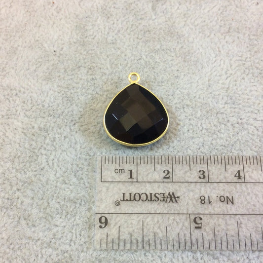 Gold Plated Faceted Hydro (Lab Created) Jet Black Onyx Heart/Teardrop Shaped Bezel Pendant - Measuring 18mm x 18mm - Sold Individually