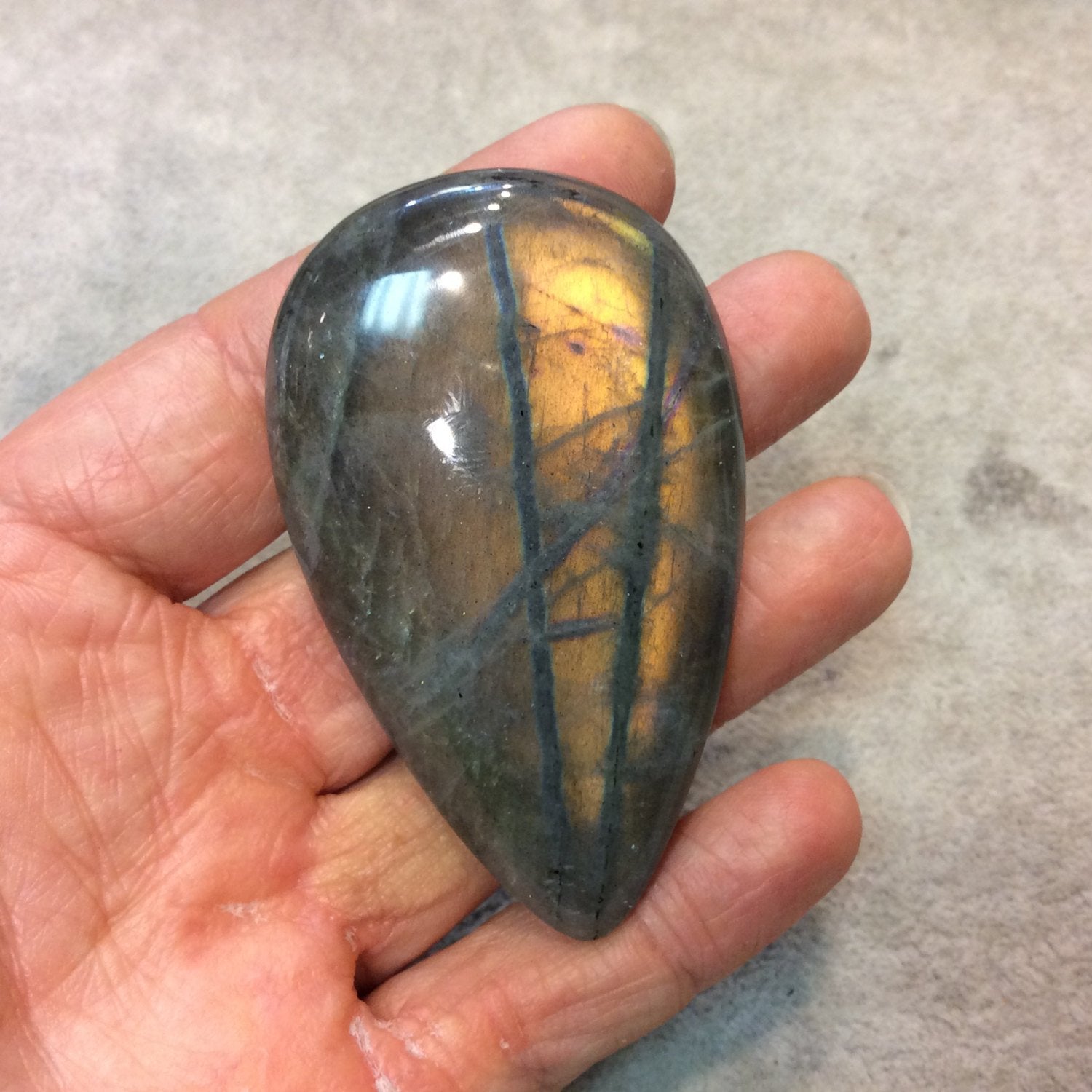 SPECIAL BATCH - AAA Pear/Teardrop Shaped Peach/Blue Labradorite Flat Back Cabochon - Measuring 43mm x 72mm, 10mm Dome Height - Gemstone Cab