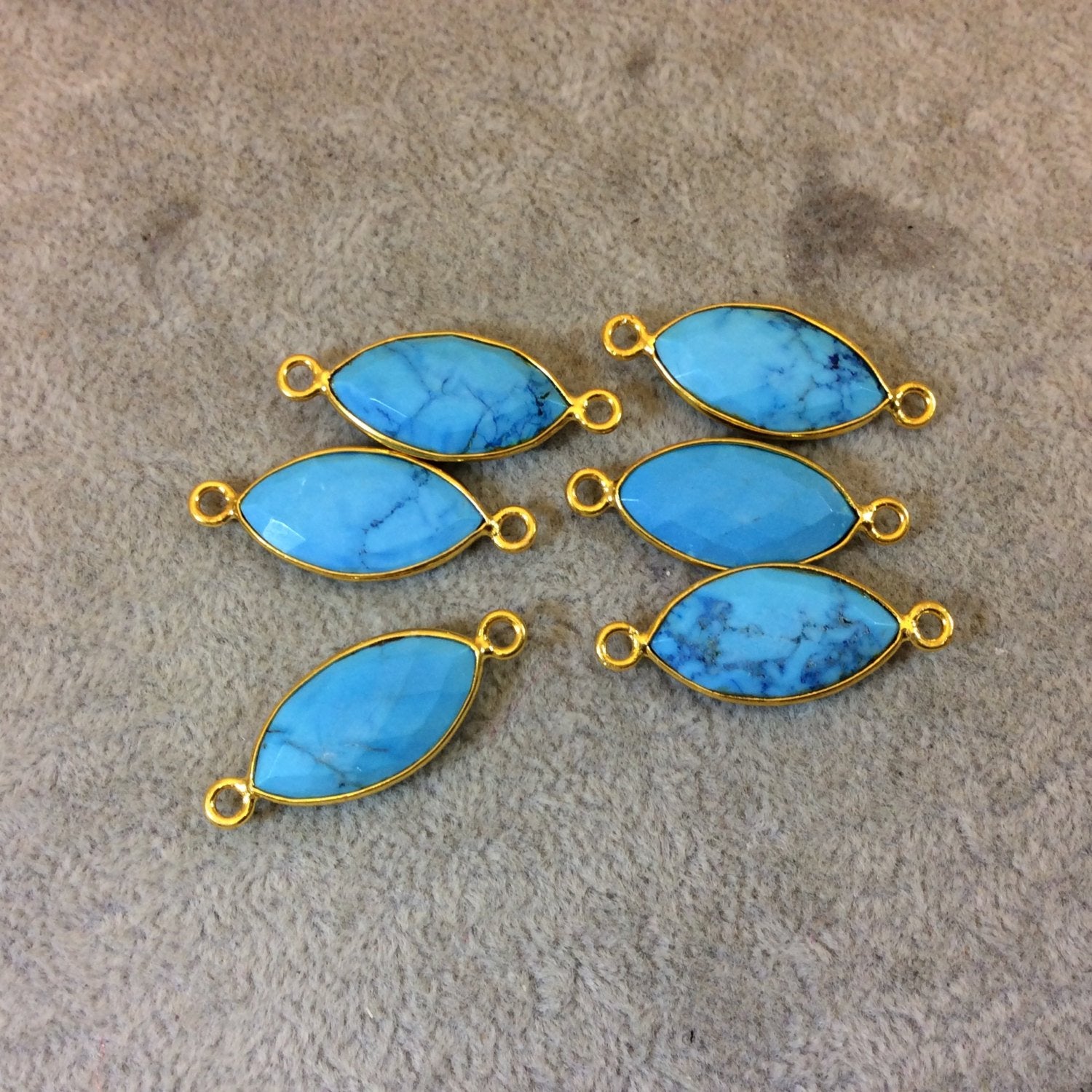 Gold Plated Faceted Stabilized Blue Howlite Marquise Shaped Bezel Connector/Link Component - Measuring 11mm x 22mm - Dyed Faux Turquoise