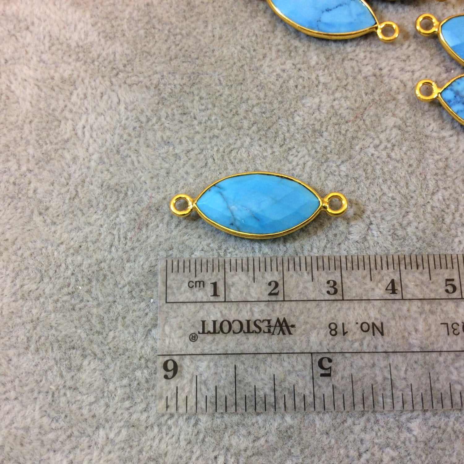 Gold Plated Faceted Stabilized Blue Howlite Marquise Shaped Bezel Connector/Link Component - Measuring 11mm x 22mm - Dyed Faux Turquoise