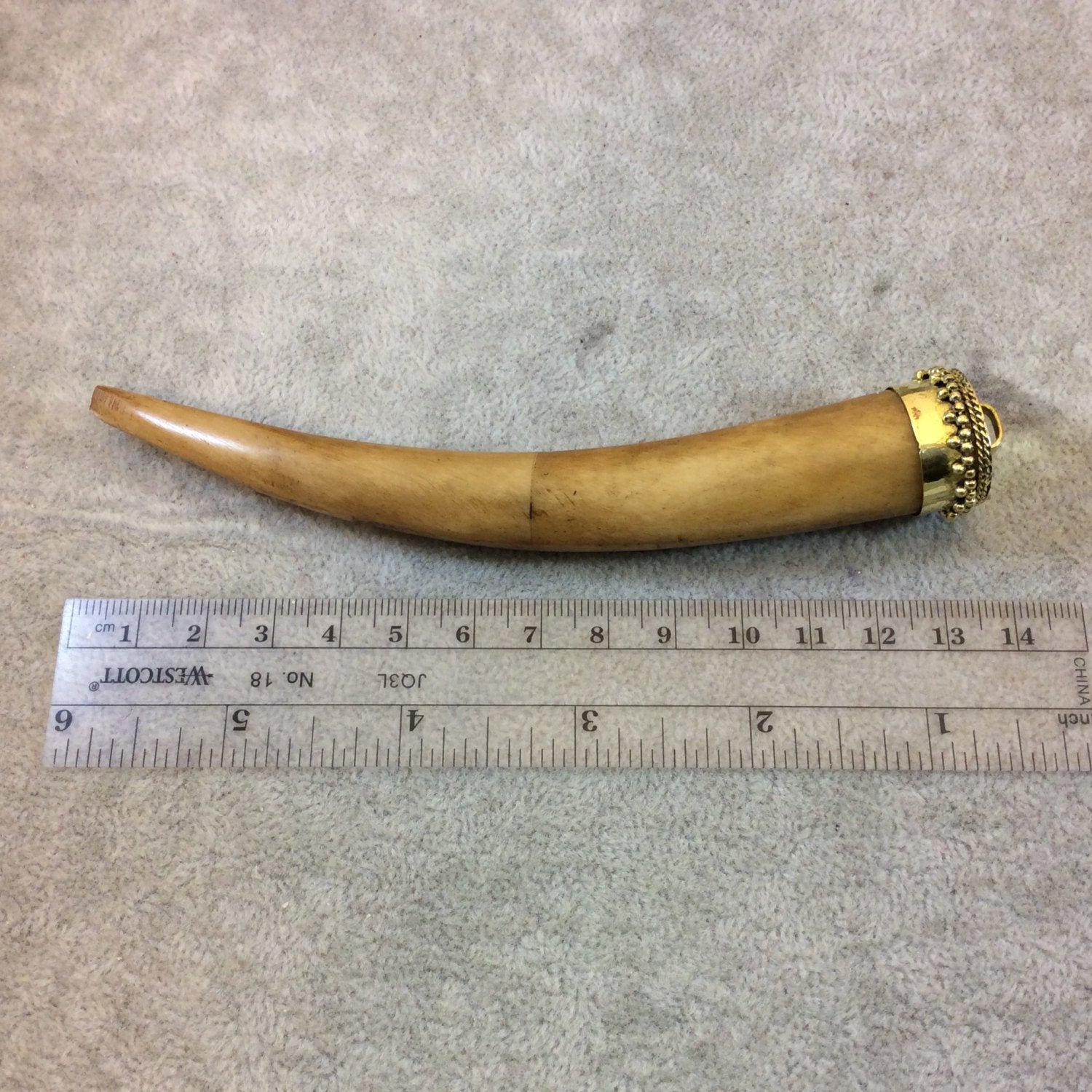 SALE - 5.5" Extra Long Light Brown Round Tusk/Claw Shaped Natural Ox Bone Pendant with Dotted Gold Cap - Measuring 20mm x 140mm