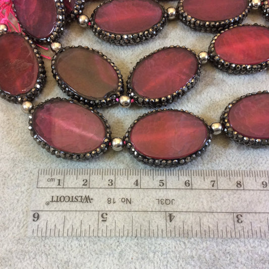 Single Rhinestone Encrusted Oval Shaped Magenta/Pink Crackle Agate Slab Bead with 1.5mm Hole - Measuring 24mm x 35mm - Sold Individually