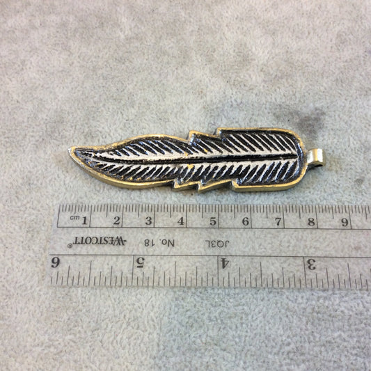 3.25" Heavy Gold/Silver Plated Raw Brass Textured/Detailed Feather Shaped Charm/Pendant - Measuring 22mm x 84mm, Approx. - Sold Individually
