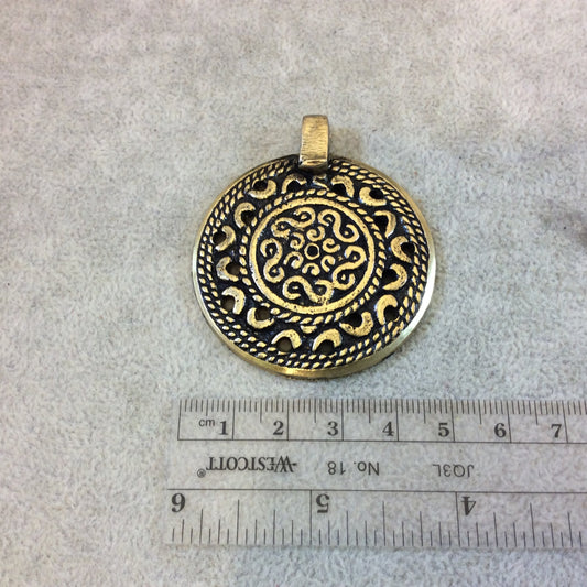 2" Gold Plated Patterned/Textured Large Circle/Medallion Shaped Brass Focal Pendant - Measuring 49mm x 49mm, Approx. - Sold Individually
