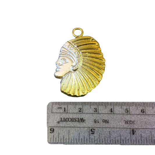 1.75" Heavy Gold/Silver Plated Raw Brass Native American Head/Face Shaped Charm/Pendant - Measuring 35mm x 45mm, Approx. - Sold Individually