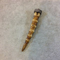 3" Spiral Striped Brown Ox Bone Skinny Tusk Pendant with Pave Cubic Zirconia Encrusted Cap - Measuring 12mm x 80mm - Sold Individually