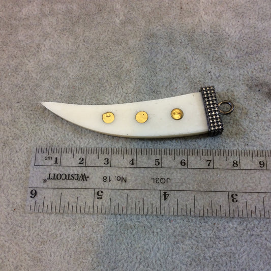 2.75" White/Ivory Ox Bone Flat Tusk Pendant with Dot Inlay and Pave Cubic Zirconia Encrusted Cap - Measuring 18mm x 75mm - Sold Individually