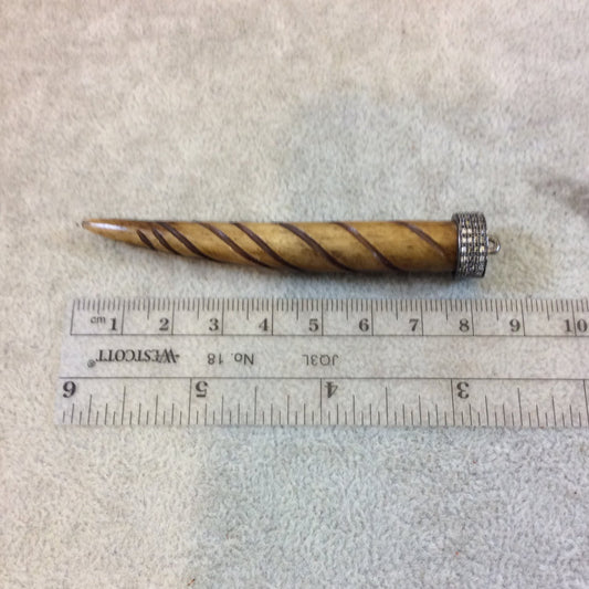 3" Carved Spiral Brown Ox Bone Skinny Tusk Pendant with Pave Cubic Zirconia Encrusted Cap - Measuring 12mm x 80mm - Sold Individually