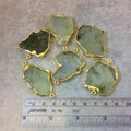 Large Sized Gold Plated Natural Raw Prehnite Freeform Slab Shaped Connectors - Measuring 30mm x 35mm, Approx. - Sold Individually, Random
