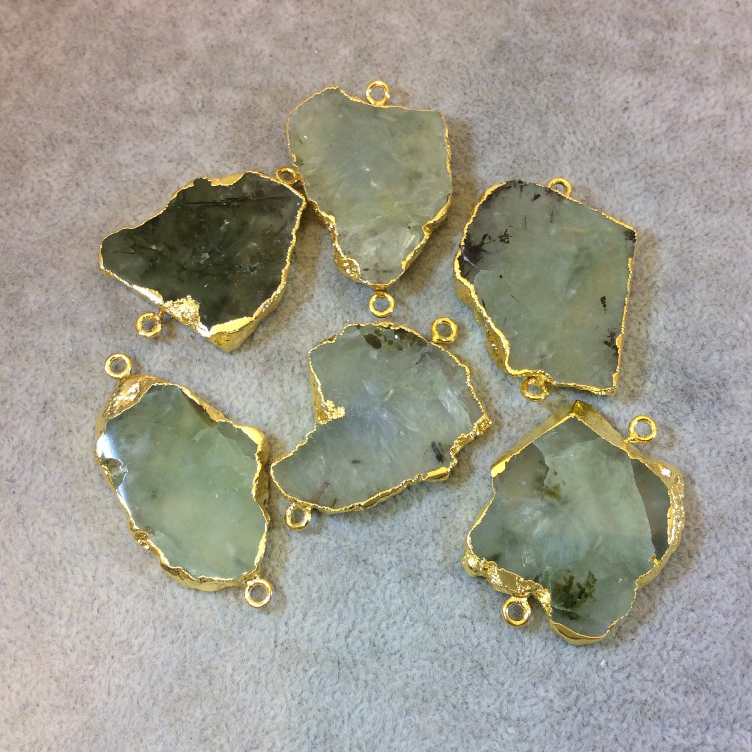 Large Sized Gold Plated Natural Raw Prehnite Freeform Slab Shaped Connectors - Measuring 30mm x 35mm, Approx. - Sold Individually, Random