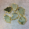 Large Sized Gold Plated Natural Raw Prehnite Freeform Slab Shaped Connectors - Measuring 30mm x 35mm, Approx. - Sold Individually, Random