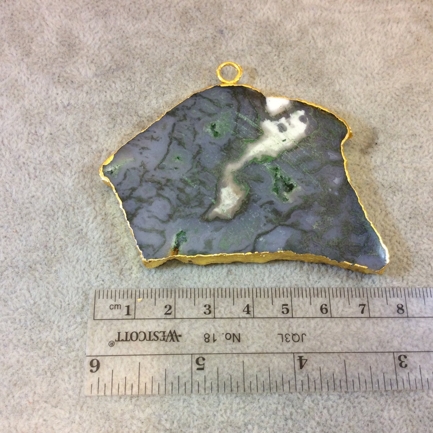 OOAK Gold Electroplated Natural Raw/Rough Green Moss Agate Freeform Shaped Slab/Slice Focal Pendant - Measuring 75mm x 58mm, Approximately