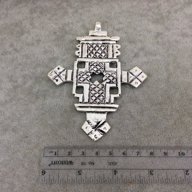 4" Oxidized Silver Ethiopian Cross Shaped (Style A) Plated Brass Pendant with Horizontal Bail - Measuring 81mm x 108mm - Sold Individually