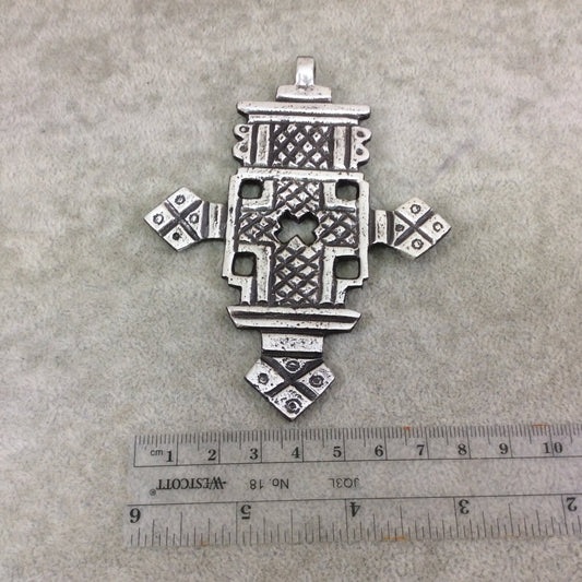 4" Oxidized Silver Ethiopian Cross Shaped (Style A) Plated Lightweight Aluminum Pendant with Bail - Measuring 81mm x 108mm - Sold Individual