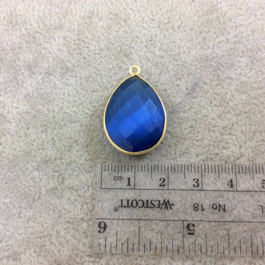Denim Blue Cat's Eye Bezel | Gold Plated Faceted Synthetic (Manmade Glass) Teardrop Shaped Pendant - Measuring 18mm x 24mm - Sold Individual
