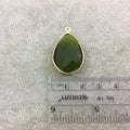 Olive Green Cat's Eye Bezel | Gold Plated Faceted Synthetic (Manmade Glass) Teardrop Shaped Pendant - Measuring 18mm x 24mm