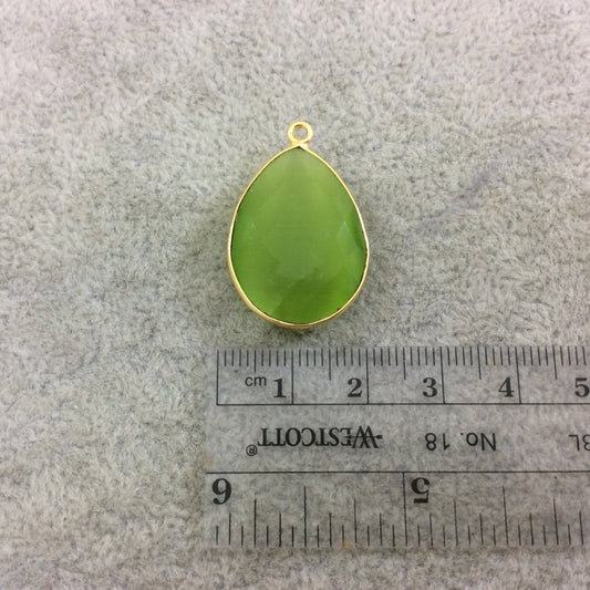 Lime Green Cat's Eye Bezel | Gold Plated Faceted Synthetic (Manmade Glass) Teardrop Shaped Pendant - Measuring 18mm x 24mm - Sold Individual