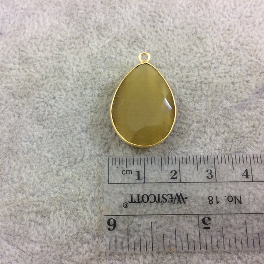 Gold Plated Faceted Synthetic Yellow Ochre Cat's Eye (Manmade Glass) Teardrop Shape Bezel Pendant - Measures 18mm x 24mm - Sold Individual