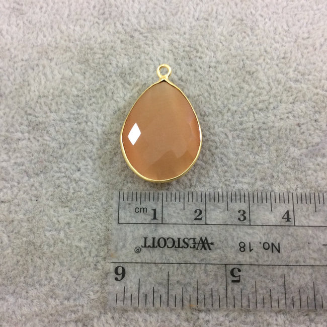 Gold Plated Faceted Synthetic Apricot Orange Cat's Eye (Manmade Glass) Teardrop Shape Bezel Pendant - Measures 18mm x 24mm - Sold Individual