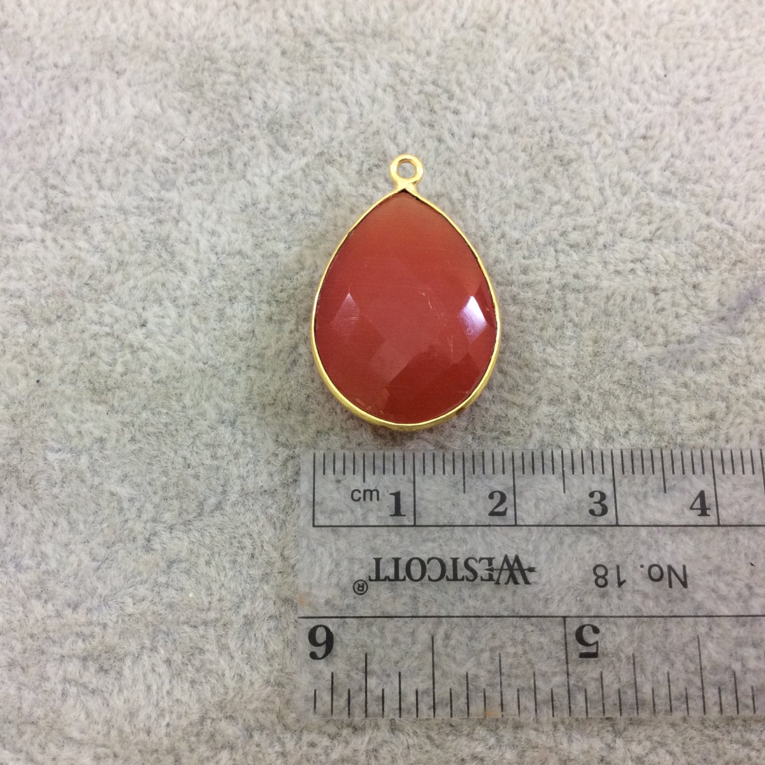 Gold Plated Faceted Synthetic Red/Orange Cat's Eye (Manmade Glass) Teardrop Shaped Bezel Pendant - Measures 18mm x 24mm - Sold Individually
