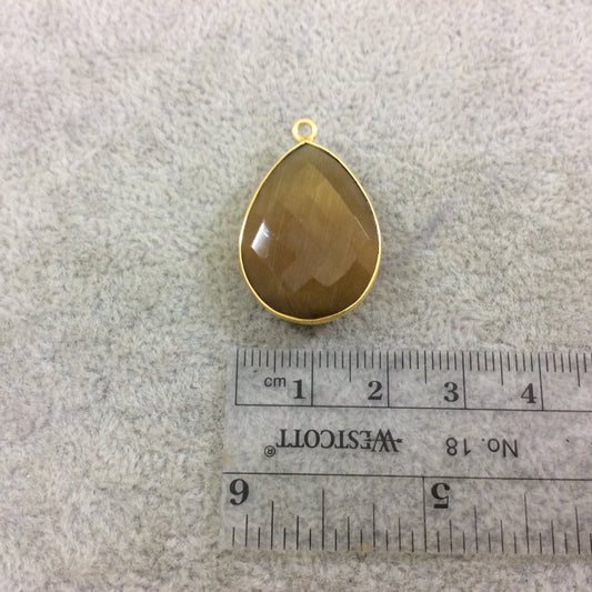 Gold Plated Faceted Synthetic Brown Umber Cat's Eye (Manmade Glass) Teardrop Shaped Bezel Pendant - Measuring 18mm x 24mm - Sold Individual