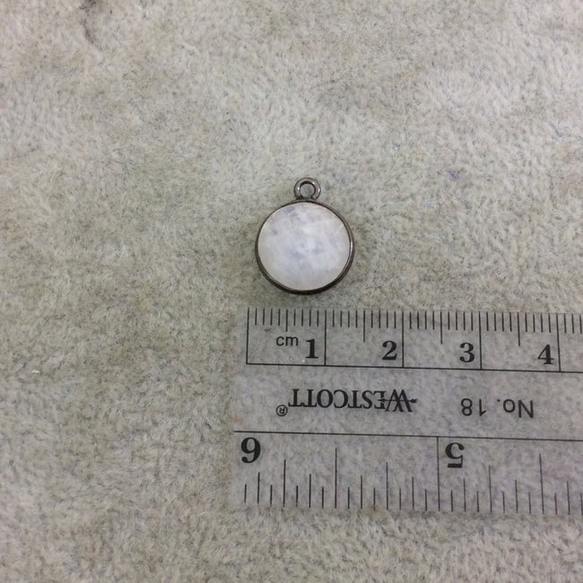 Gunmetal Plated Natural Moonstone Faceted Round/Coin Shaped Copper Bezel Pendant - Measures 12mm x 12mm - Sold Individually, Random
