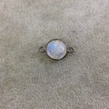 Gunmetal Plated Faceted Natural Iridescent Moonstone Round/Coin Shaped Bezel Connector - Measuring 12mm x 12mm - Sold Individually