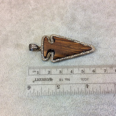 Genuine Pave Diamond Encrusted Gunmetal Plated Sterling Silver and Wood Arrowhead Pendant - Measuring 29mm x 51mm, Approx. - 0.85 carats
